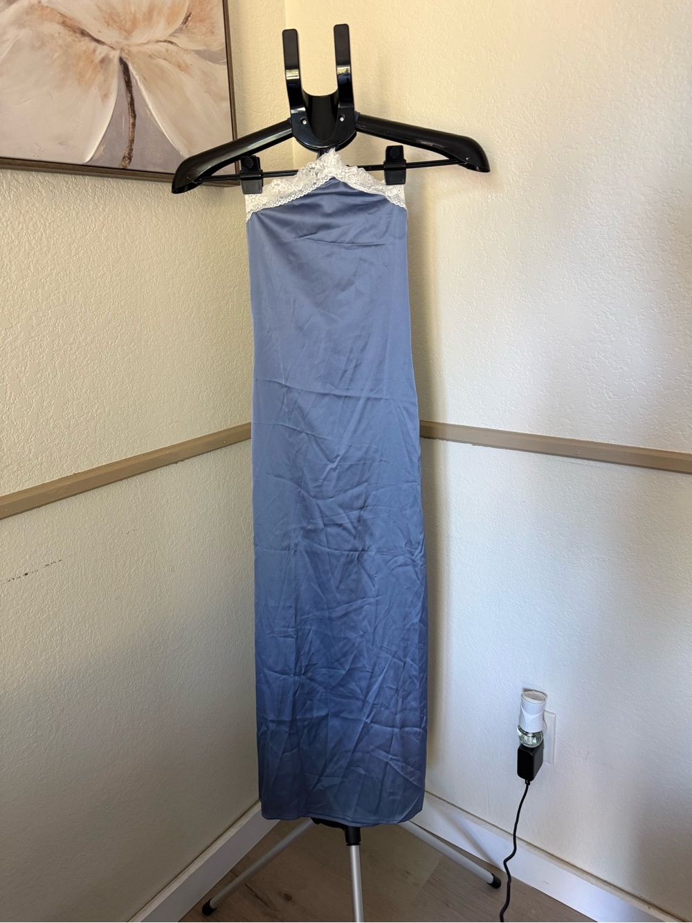 Commense Lace-Trim Satin Halter Midi Dress in Light Blue - Picture 6 of 6